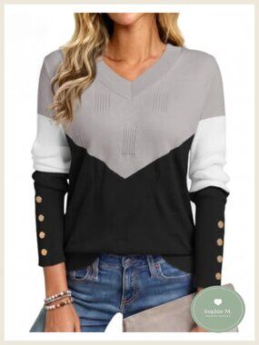 Womens V-Neck Ribbed Knit Long Sleeve Pullover Sweater with Button Cuffs